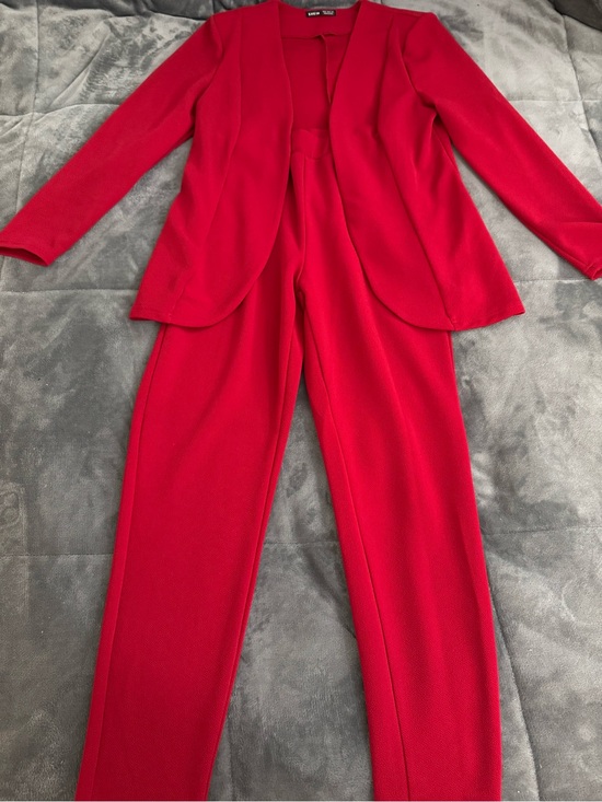 Pants - Red Women's Ponte Jacket & Pant Jumpsuit Set